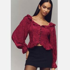 Anthropologie Red Velvet Burnout Peasant Blouse Sheer Top Size XXS